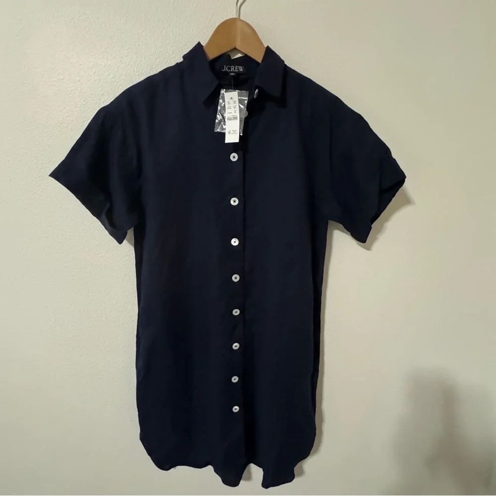J Crew Capitaine Linen Shirt Dress Navy Lagenlook Minimalist Summer 2024 NWT-XS - Picture 2 of 12